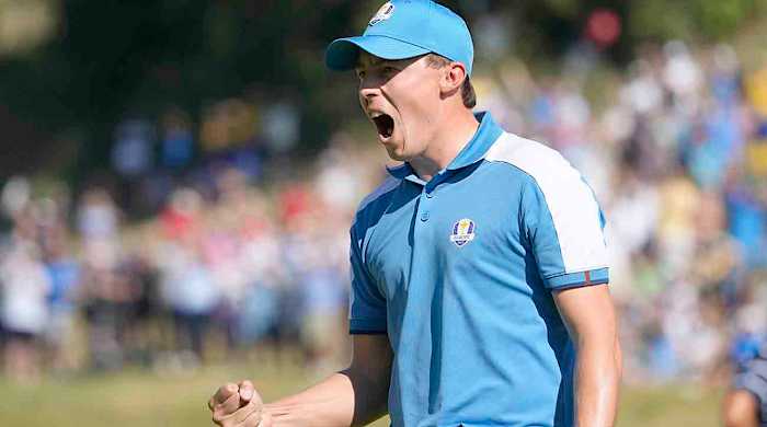Europe's Matt Fitzpatrick celebrates on the 5th green during his afternoon fourballs match at the 2023 Ryder Cup at the Marco Simone Golf Club in Italy.